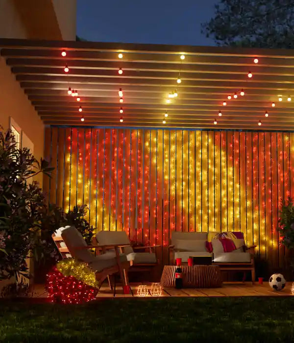 CORTINA DE LUCES CÁLIDAS  Y MULTICOLOR CON MANDO